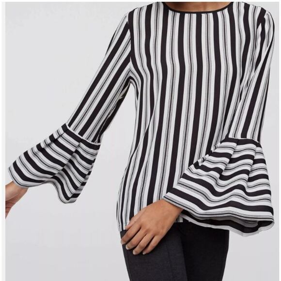 LOFT Tops - NWT LOFT Flowy Striped Bell Sleeve Blouse Top Size Medium Black/White Womens